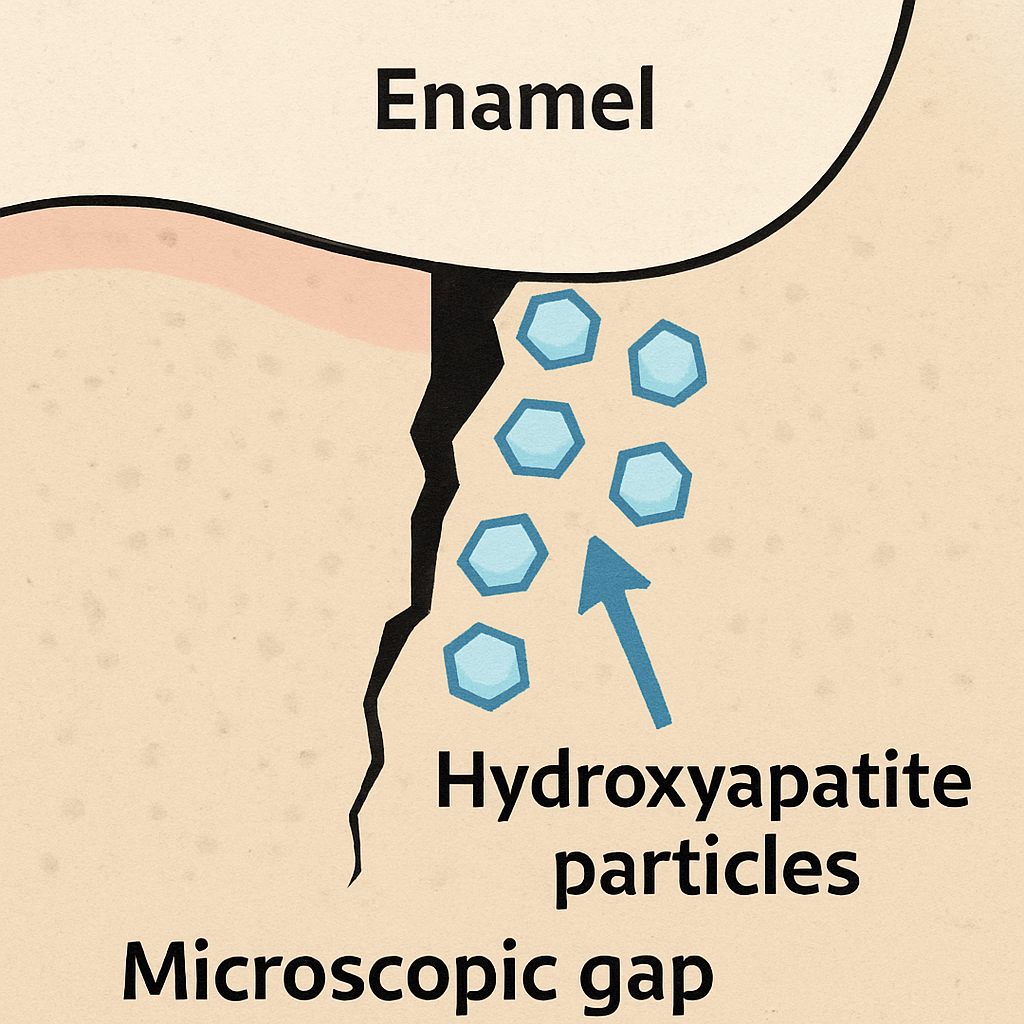 A simple conceptual illustration of hydroxyapatite particles filling a microscopic gap in the tooth enamel.