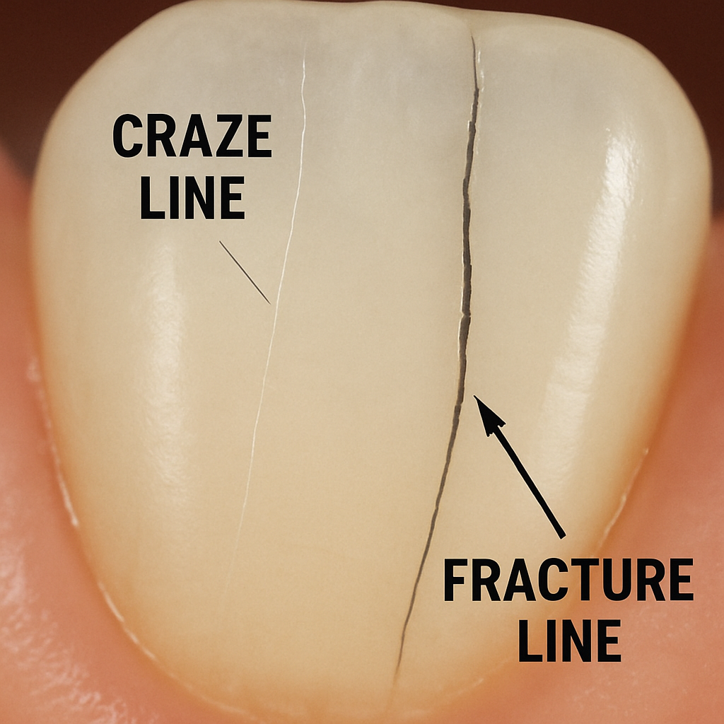 A close-up, clear photo showing the difference between a faint surface 'craze line' and a dark, deep fracture line on a tooth.