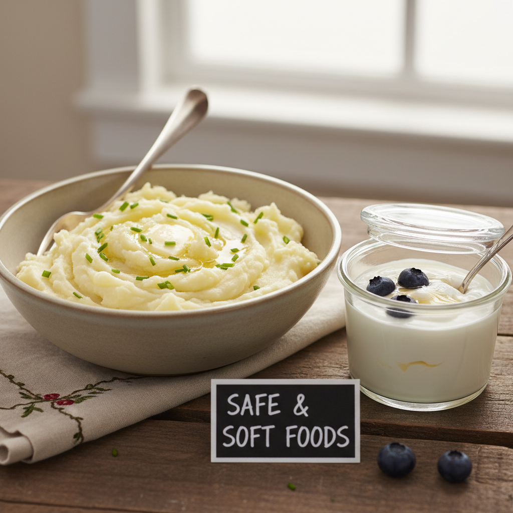 A picture of a bowl of mashed potatoes and a cup of yogurt, representing safe, soft foods