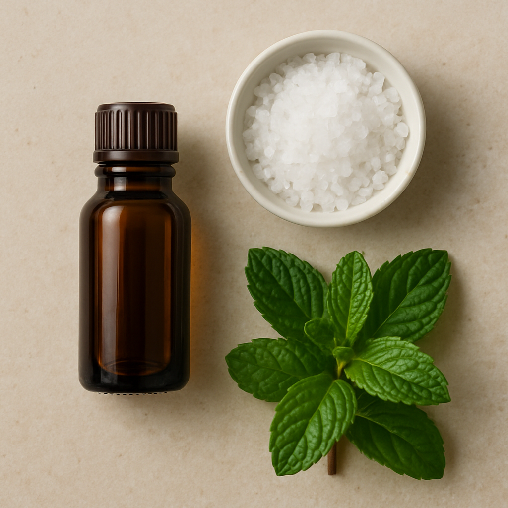 A flat-lay photo of natural remedy ingredients: a small bottle of clove oil, a bowl of sea salt, and fresh peppermint leaves.